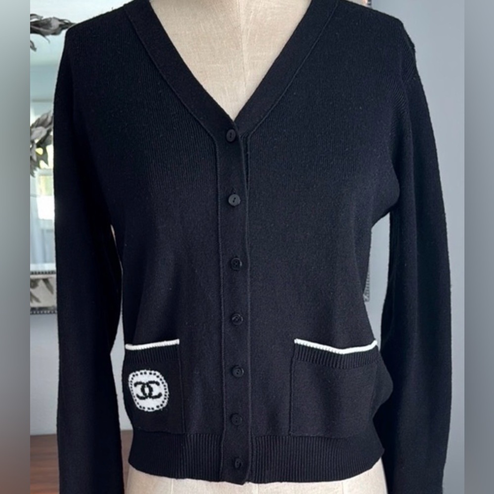 CHANEL uniform  Black Cardigan with White Accents